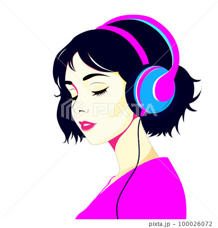 The girl listens to music with headphones. Closed eyes. Music therapy. Profile of a girl with black hair. Vector flat illustration The girl listens to music with headphones. Closed eyes. Music therapy. Profile of a girl with black hair. Vector flat illustration 100026072