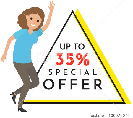 Sale banner with woman dancing near advertising poster. Lady rejoices in exclusive offer in store 100026076