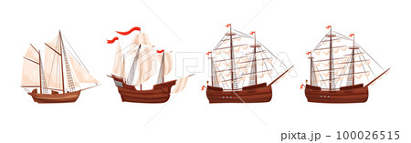 Old Wooden Ships with Sails and Fluttering Flags Vector Set Old Wooden Ships with Sails and Fluttering Flags Vector Set 100026515