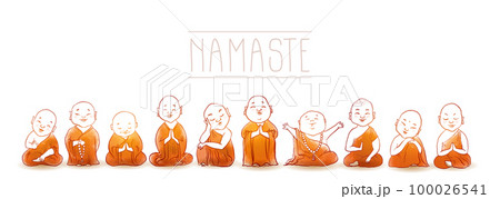 Cute buddhist monks hand drawn with ink. Traditional oriental ink painting sumi-e, u-sin, go-hua. Illustration with Jizo japanese deity. 100026541