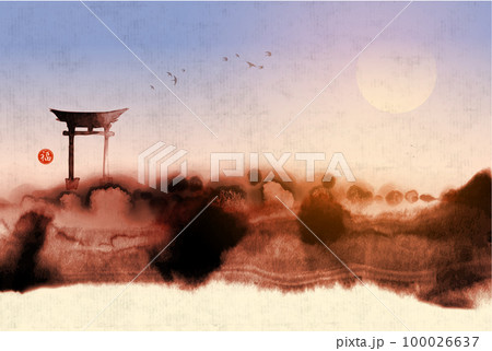 Ink wash painting of landscape with sacred torii gates and flock of birds. Traditional oriental ink painting sumi-e, u-sin, go-hua. Hieroglyph - well-being 100026637