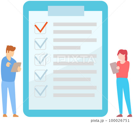 Two office workers check checklist mark completion of tasks and plans. People with pen and clipboard Two office workers check checklist mark completion of tasks and plans. People with pen and clipboard 100026751