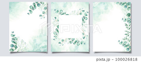 Set of floral background cards. Rustic foliage invitation templates with eucalyptus, gypsophila and pistachio branches, green watercolor splashes. For save the date, greeting, poster, and packaging 100026818