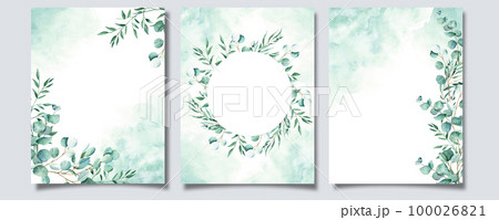 Set of floral background cards. Rustic foliage invitation templates with eucalyptus and pistachio branches, green watercolor splashes. For save the date, greeting, poster, and packaging design. 100026821