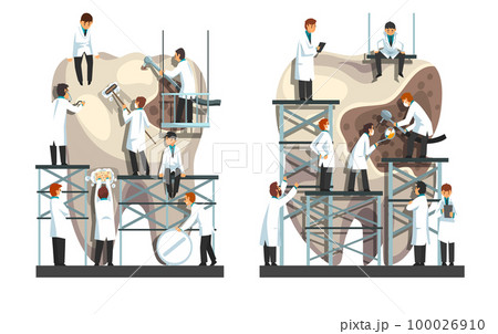 Small Dentists cleaning and treating big unhealthy teeth set. Doctors brushing and drilling plaque. Dentistry concept cartoon vector Small Dentists cleaning and treating big unhealthy teeth set. Doctors brushing and drilling plaque. Dentistry concept cartoon vector 100026910