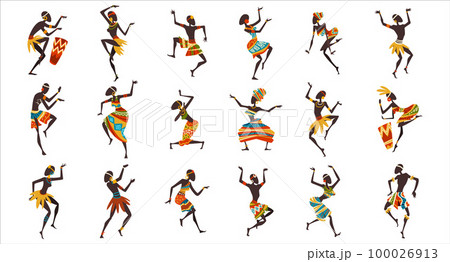 Set of dancing African people. Men and women in traditional African clothes enjoying dance cartoon vector Illustration 100026913
