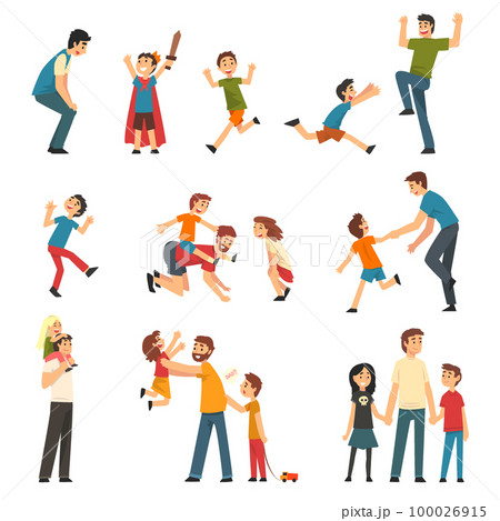 Loving Father Playing and Having Fun with His Kids Enjoying Good Time Together Big Vector Set 100026915