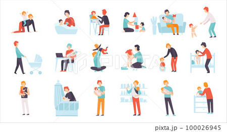 Happy fatherhood. Fathers taking care of their kids set. Parents playing, feeding, dressing, walking with their son and daughters cartoon vector Illustration 100026945