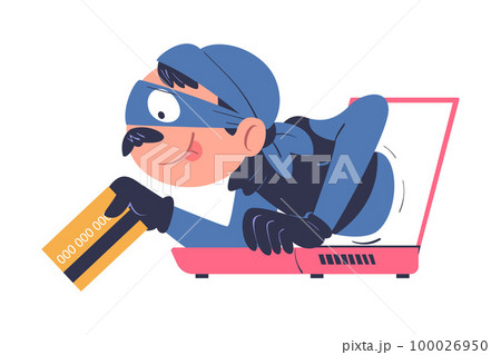 Masked cyber thief stealing credit card from laptop computer, hacker stealing money. Cyber security and crime, spy access, hacker attack cartoon vector illustration 100026950