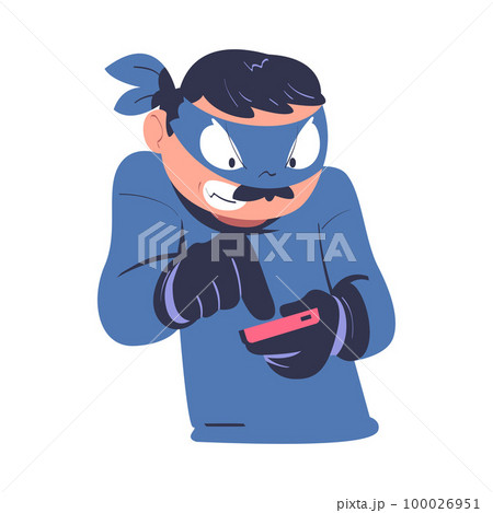 Masked cyber thief, hacker stealing personal data and money from smartphone. Cyber security and crime, data protection concept cartoon vector illustration 100026951