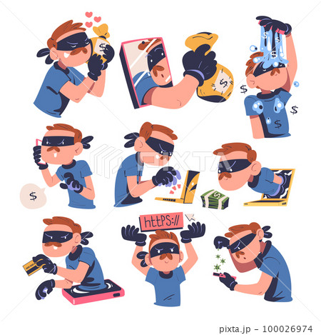 Masked cyber thief, hacker stealing personal data and money from smartphone and computer set. Cyber security and crime, data protection concept cartoon vector illustration 100026974