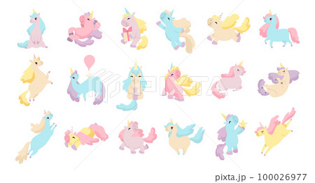 Set of cute unicorns in pastel colors. Childish print, stickers, room decor, creative nursery design cartoon vector Set of cute unicorns in pastel colors. Childish print, stickers, room decor, creative nursery design cartoon vector 100026977