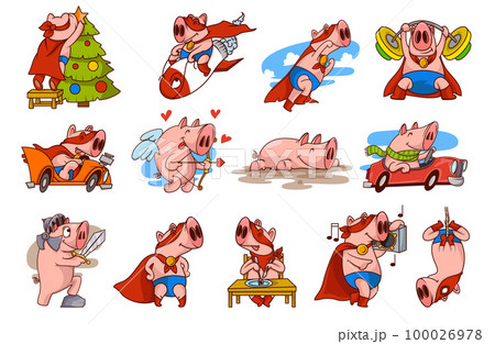 Pink Pig in Red Superhero Cloak and Mask Engaged in Different Activity Vector Set Pink Pig in Red Superhero Cloak and Mask Engaged in Different Activity Vector Set 100026978