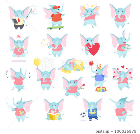Cute Blue Elephant with Trunk Engaged in Different Activity Big Vector Set 100026979