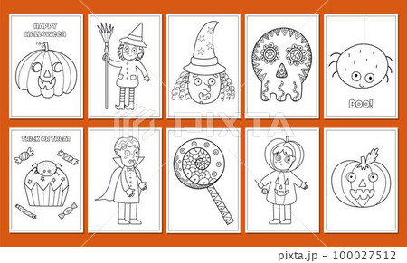 Cute Halloween coloring pages bundle. Cute spooky characters prints set 100027512