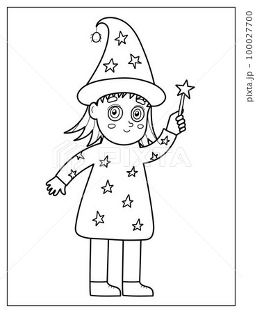 Halloween coloring page with a cute witch. Girl in magician costume Halloween coloring page with a cute witch. Girl in magician costume 100027700