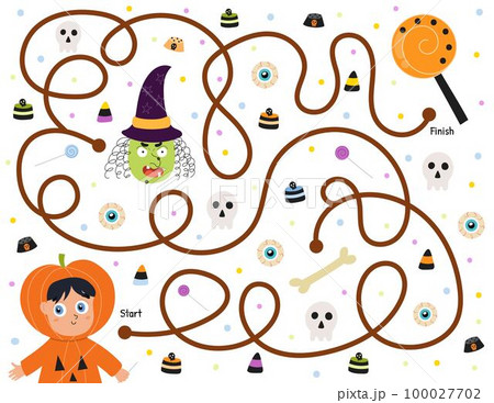 Help a cute boy in pumpkin costume find path to the candy. Halloween maze game Help a cute boy in pumpkin costume find path to the candy. Halloween maze game 100027702