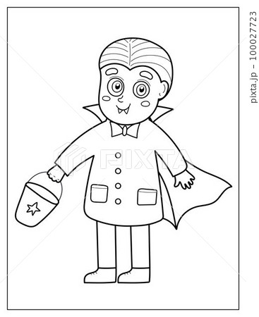 Halloween coloring page with a cute vampire boy. Trick or treat kid in Dracula costume 100027723