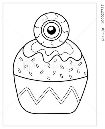Halloween coloring page with spooky cupcake and eyeball on it. Creepy print for coloring book 100027727
