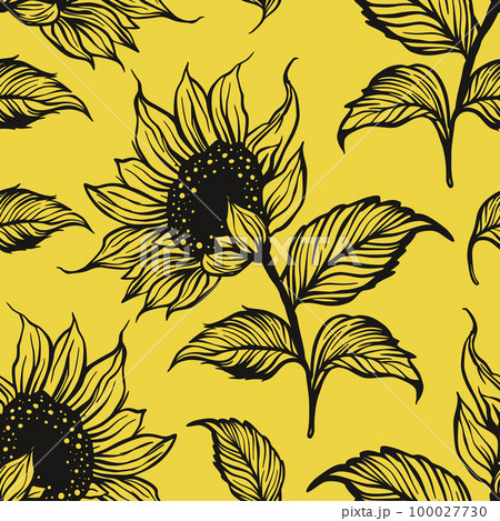 Sunflower doodle seamless vector pattern. Nature drawing flower plant summer background. 100027730