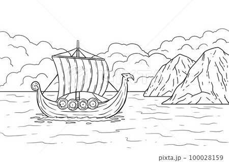 Viking boat at sea. Nordic Drakkar, Swedish warship. Longship with oars. Cartoon scandinavian sailboat for coloring book Viking boat at sea. Nordic Drakkar, Swedish warship. Longship with oars. Cartoon scandinavian sailboat for coloring book 100028159