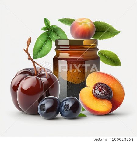 Different appetizing tasty plums and a jar of plum marmalade jam nearby, isolated on a white background close-up, for advertising products, fruits 100028252