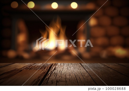 Empty wooden surface with blurred fireplace on background. Product background. Generative Ai image Empty wooden surface with blurred fireplace on background. Product background. Generative Ai image 100028688