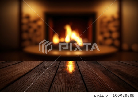 Empty wooden surface with blurred fireplace on background. Product background. Generative Ai image Empty wooden surface with blurred fireplace on background. Product background. Generative Ai image 100028689