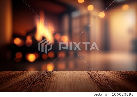 Empty wooden surface with blurred fireplace on background. Product background. Generative Ai image Empty wooden surface with blurred fireplace on background. Product background. Generative Ai image 100028696