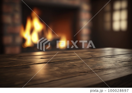 Empty wooden surface with blurred fireplace on background. Product background. Generative Ai image Empty wooden surface with blurred fireplace on background. Product background. Generative Ai image 100028697
