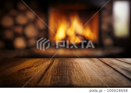 Empty wooden surface with blurred fireplace on background. Product background. Generative Ai image Empty wooden surface with blurred fireplace on background. Product background. Generative Ai image 100028698