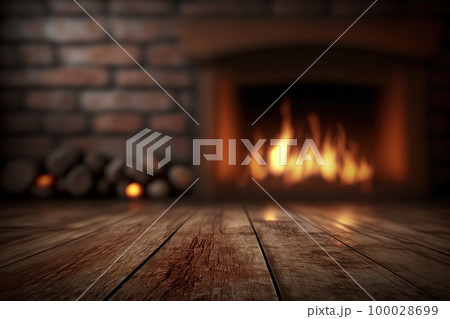 Empty wooden surface with blurred fireplace on background. Product background. Generative Ai image Empty wooden surface with blurred fireplace on background. Product background. Generative Ai image 100028699
