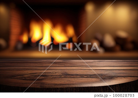 Empty wooden surface with blurred fireplace on background. Product background. Generative Ai image Empty wooden surface with blurred fireplace on background. Product background. Generative Ai image 100028703