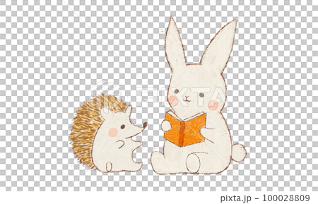 A rabbit reading a book to a hedgehog 100028809