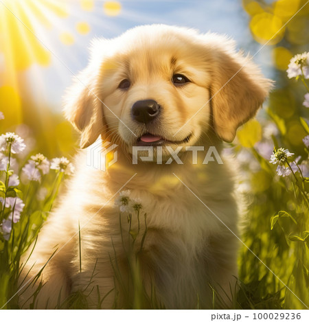 Golden retriever puppy. Portrait of a golden...のイラスト素材 [100029236] - PIXTA