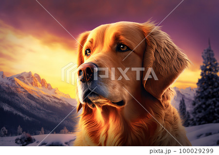 Golden retriever. Portrait of a golden retriever dog. Winter dog portrait 100029299