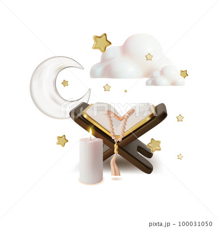 3d Ramadan Kareem Concept and Quran with Book Stand Plasticine Cartoon Style. Vector illustration of Metal Crescent Moon 100031050