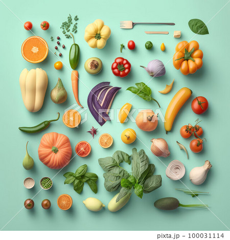 flat lay. illustrated image of vegetables on a colored background 100031114
