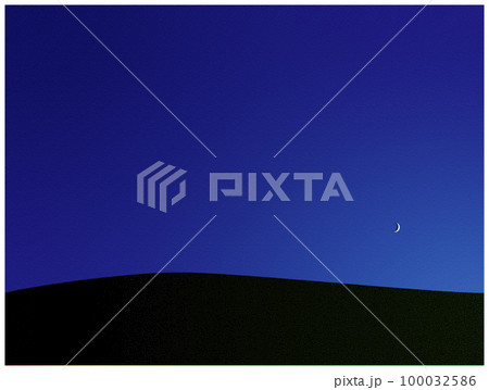 丘に沈みかける三日月、背景素材 100032586