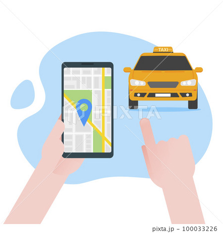 Ordering online taxi on smartphone vector illustration, flat carton design of mobile phone, taxicab in bubble, city map location destination, person calling or taking taxi in cellphone isolated Ordering online taxi on smartphone vector illustration, flat carton design of mobile phone, taxicab in bubble, city map location destination, person calling or taking taxi in cellphone isolated 100033226