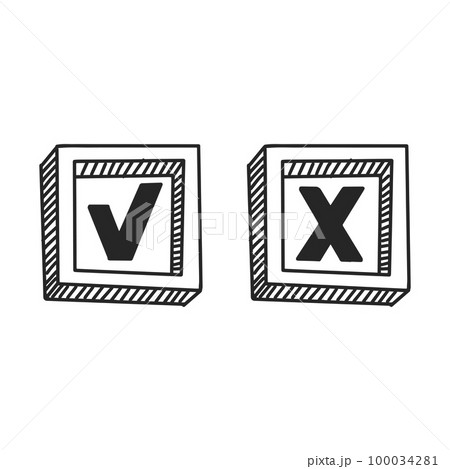 Check mark and cross sign. Cartoon vector and illustration, black and white, hand drawn, sketch style, isolated on white background Check mark and cross sign. Cartoon vector and illustration, black and white, hand drawn, sketch style, isolated on white background 100034281