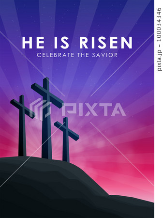 Christian easter scene, Saviour cross on dramatic sunrise scene, with text He is risen, vector illustration 100034346