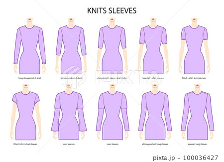 Set of Knit sleeves clothes baseball, fitted, long, over, epaulet, short length technical fashion illustration, fitted 100036427