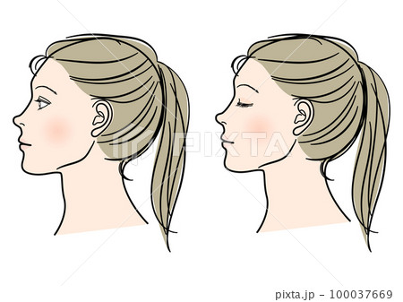 目を閉じた女性と目を開けた女性の横顔のイラスト 上半身顔アップ ポニーテール アップヘア 目を閉じた女性と目を開けた女性の横顔のイラスト 上半身顔アップ ポニーテール アップヘア 100037669