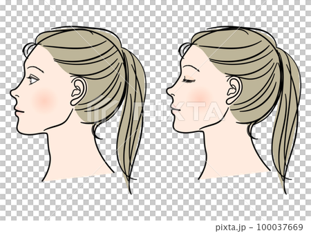 目を閉じた女性と目を開けた女性の横顔のイラスト 上半身顔アップ ポニーテール アップヘア 目を閉じた女性と目を開けた女性の横顔のイラスト 上半身顔アップ ポニーテール アップヘア 100037669