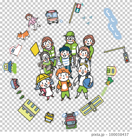 元気な小学生たちとそれを見守る手に交通旗を持った交通指導員と先生 セット イラスト素材 元気な小学生たちとそれを見守る手に交通旗を持った交通指導員と先生 セット イラスト素材 100038437