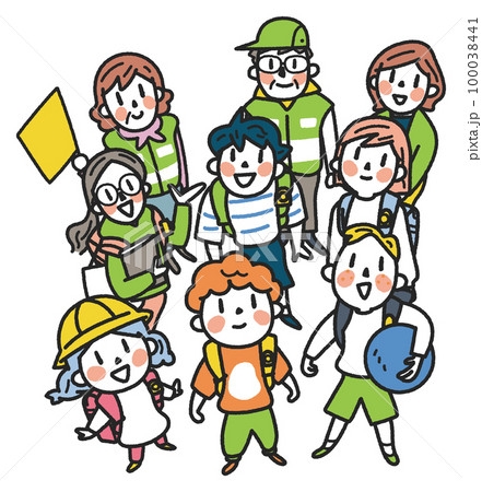 元気な小学生たちとそれを見守る手に交通旗を持った交通指導員と先生　セット　イラスト素材			 100038441