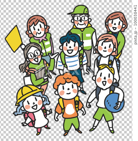 元気な小学生たちとそれを見守る手に交通旗を持った交通指導員と先生　セット　イラスト素材			 100038441
