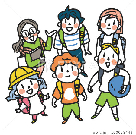 空を見上げる元気な小学生たち　イラスト素材	 100038443