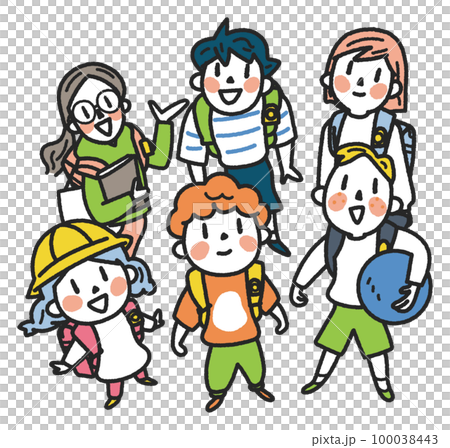 空を見上げる元気な小学生たち　イラスト素材	 100038443